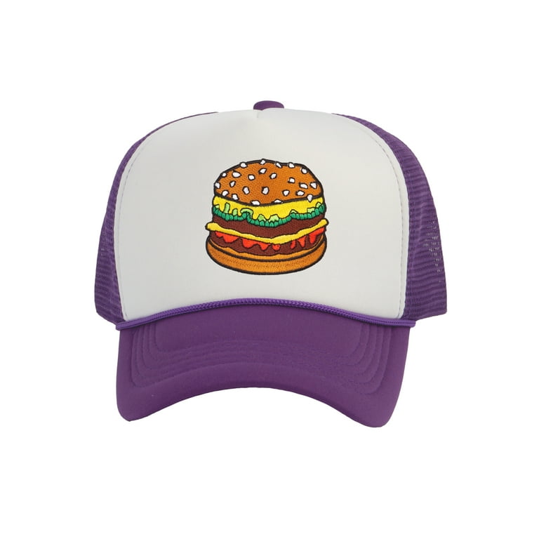 Top Headwear Hamburger Cheeseburger Trucker Hat - Men's Snapback Burger  Food Cap White/Purple