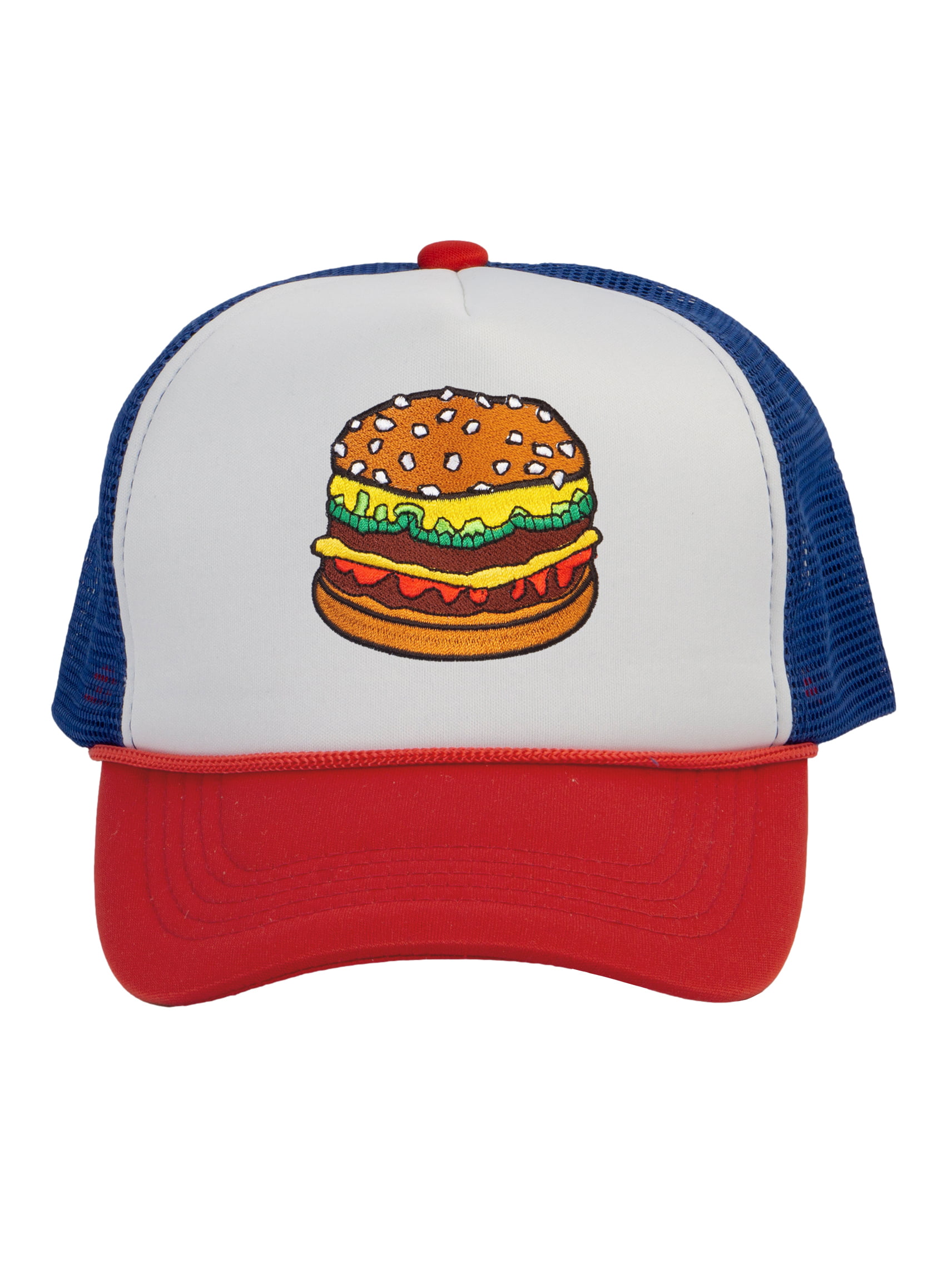 Top Headwear Hamburger Cheeseburger Trucker Hat - Men's Snapback Burger  Food Cap White/Royal/Red 