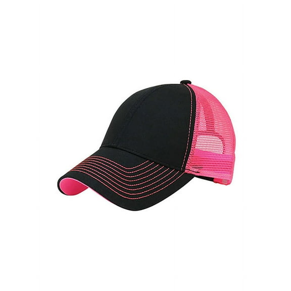 Top Headwear Heavy Cotton Twill Trucker Cap w/ Neon Mesh - Black/Neon Pink