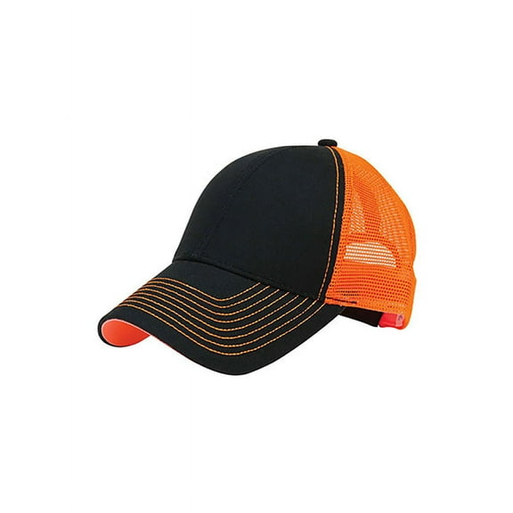Top Headwear Heavy Cotton Twill Trucker Cap w/ Neon Mesh - Black/Orange