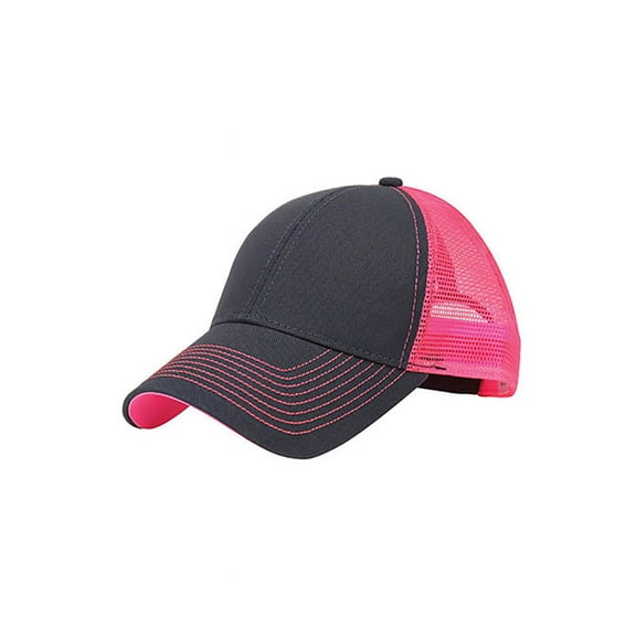 Top Headwear Heavy Cotton Twill Trucker Cap w/ Neon Mesh - Dark Grey/Neon Pink
