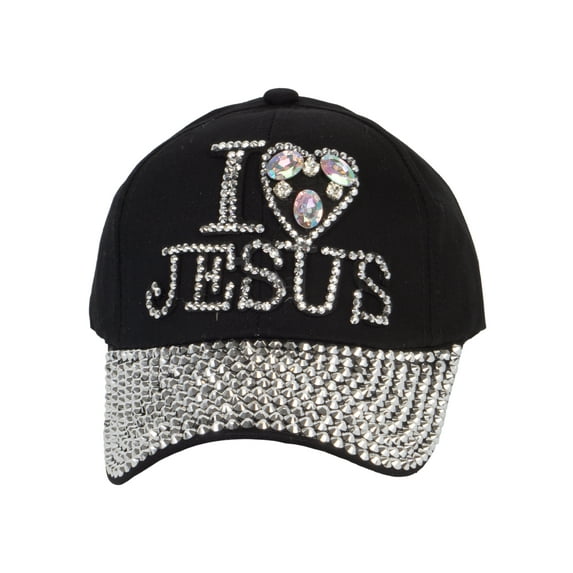 Top Headwear I Love Jesus Hat - Womens Rhinestone Crystal Pattern Baseball Hat Black Silver