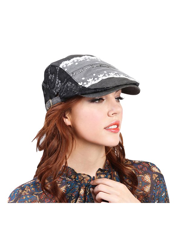 Top Headwear Lace Stone Flat Driver Cap - Black