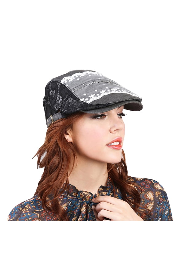 Top Headwear Lace Stone Flat Driver Cap - Black