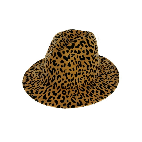 Top Headwear Leopard Cheetah Print Wide Brim Felt Fedora Panama Hat  - Brown