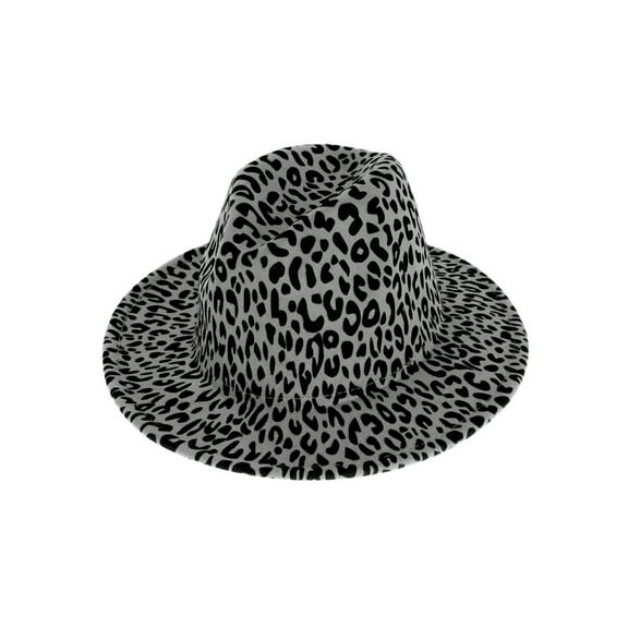 Top Headwear Leopard Cheetah Print Wide Brim Felt Fedora Panama Hat  - Grey