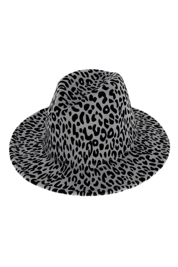 Top Headwear Leopard Cheetah Print Wide Brim Felt Fedora Panama Hat - Grey