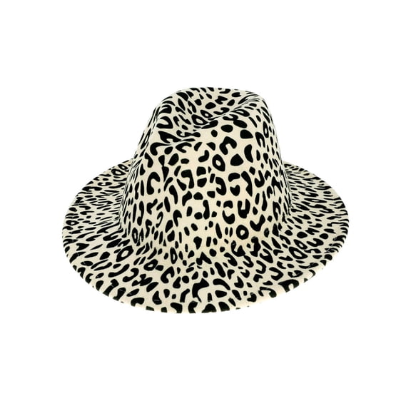Top Headwear Leopard Cheetah Print Wide Brim Felt Fedora Panama Hat  - Ivory
