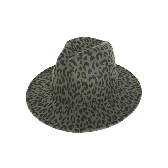 Top Headwear Leopard Cheetah Print Wide Brim Felt Fedora Panama Hat - Olive