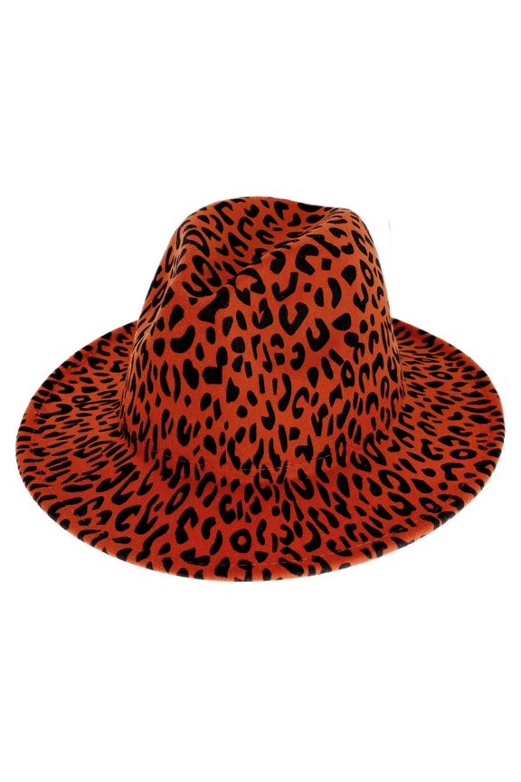 Top Headwear Leopard Cheetah Print Wide Brim Felt Fedora Panama Hat - Orange
