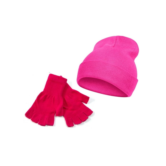Top Headwear Long Beanie and Fingerless Glove Combo Set, Hot Pink