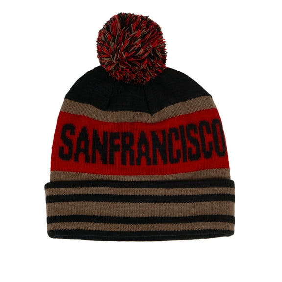 Top Headwear Men's City Caps Cuffed Striped Beanie w/ Pom - San Francisco - Black/Red