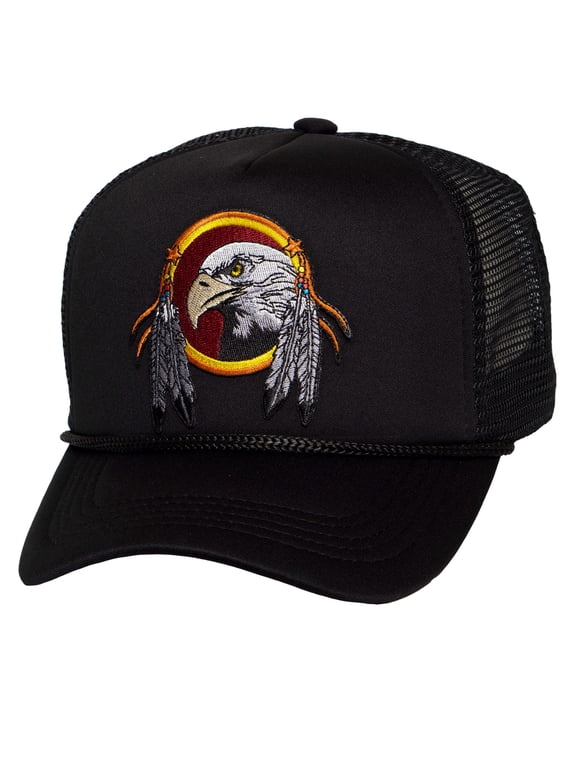 Top Headwear Men's Eagle Feathers Trucker Hat - Mesh Snapback Cap, Black