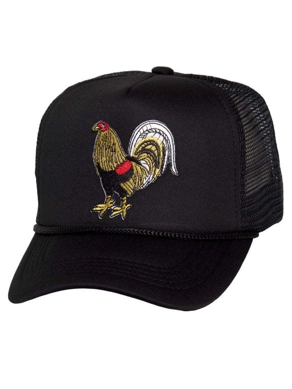 Top Headwear Men's Rooster Trucker Hat - Mesh Snapback Cap, Black