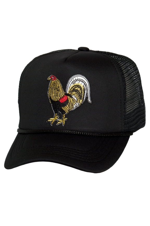 Top Headwear Men's Rooster Trucker Hat - Mesh Snapback Cap, Black