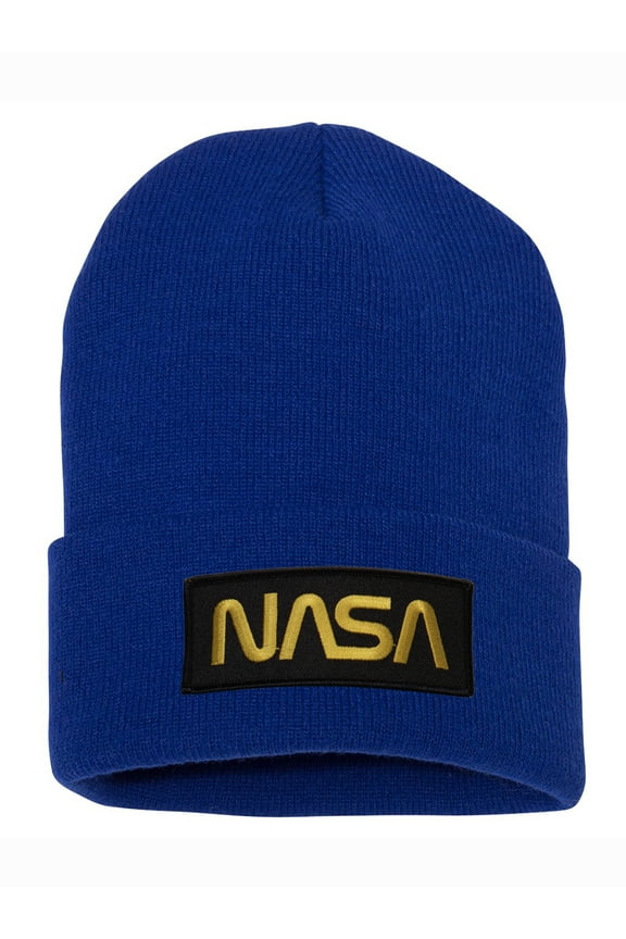 Top Headwear NASA Beanie - Men's Womens Long Winter Cuff Beanie Cap Gold Logo, Royal