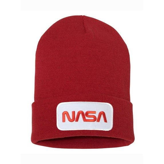 Top Headwear NASA Beanie - Men's Womens Long Winter Cuff Beanie Cap White Logo, Red