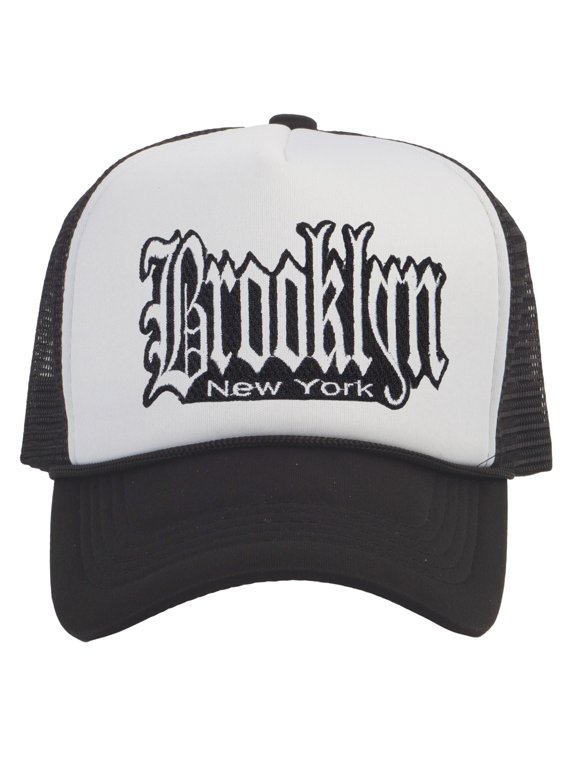 Top Headwear Old English Trucker Hat - City Snapback Cap, Black/White Brooklyn