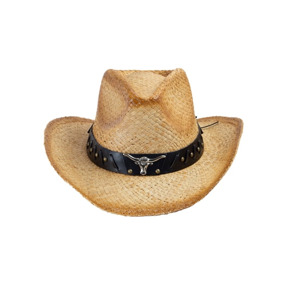 Top Headwear Outback Tea Stained Raffia Straw Hat with Longhorn Western Cowboy
