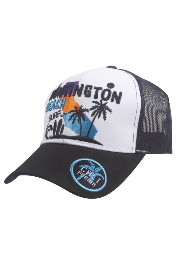 Top Headwear Palm Tree Beach Adjustable Trucker Hat - Huntington Beach - Black/White