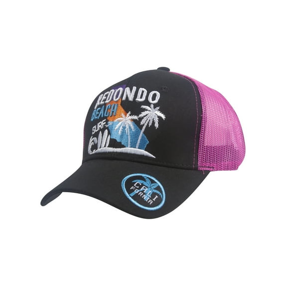 Top Headwear Palm Tree Beach Adjustable Trucker Hat - Redondo Beach - Black/Pink