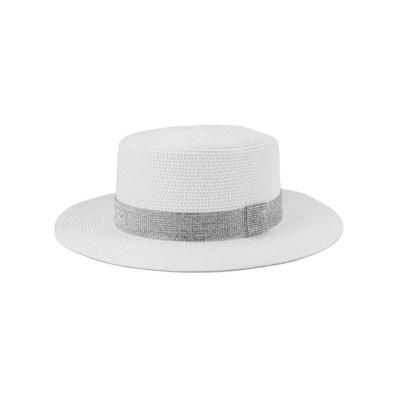 Top Headwear Paper Braid Top hat w/ Stone Strip - White