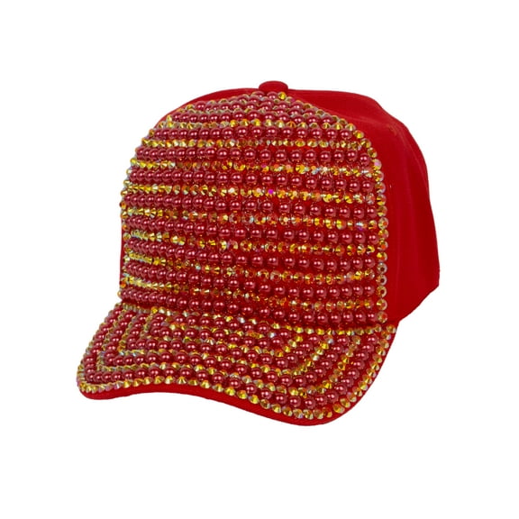 Top Headwear Pearl Rhinestone Bling Baseball Cap - Red