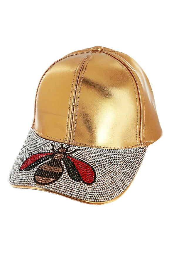 Top Headwear Queen Bee Rhinestone Hat - Womens Crystal Pattern Faux Leather Cap Gold