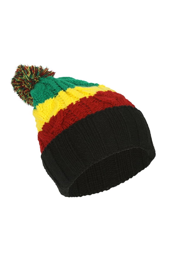 Top Headwear Rasta Color Block Crochet Knit Pom Cuff Beanie