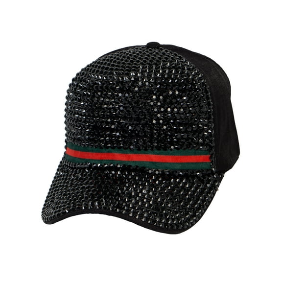 Top Headwear Rhinestone Green Red Stripe Baseball Cap - Black