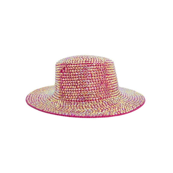 Top Headwear Rhinestone Panama Bling Hat - Women's Studded Wide Brim Fedora Fuchia