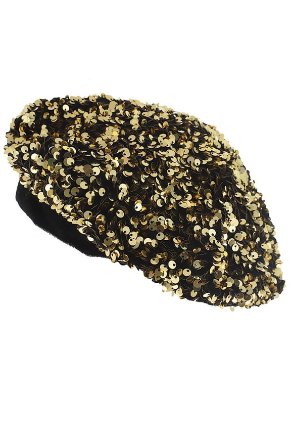 Top Headwear Sequin French Winter Fashion Beret - Gold