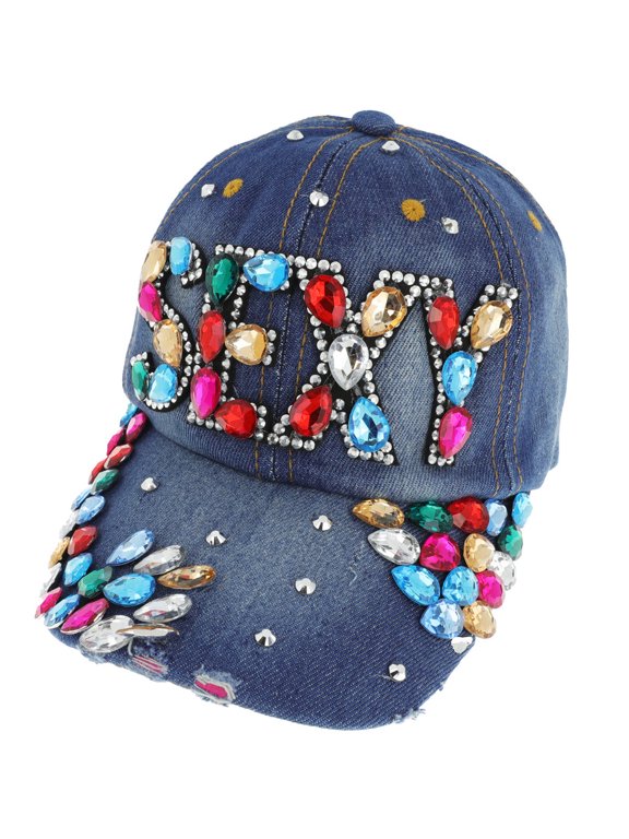 Top Headwear Sexy Multicolor Gemstone Distressed Denim Baseball Cap