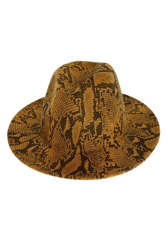 Top Headwear Snake Pattern Wide Brim Felt Fedora Panama Hat - Brown
