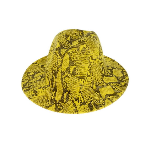 Top Headwear Snake Pattern Wide Brim Felt Fedora Panama Hat - Yellow