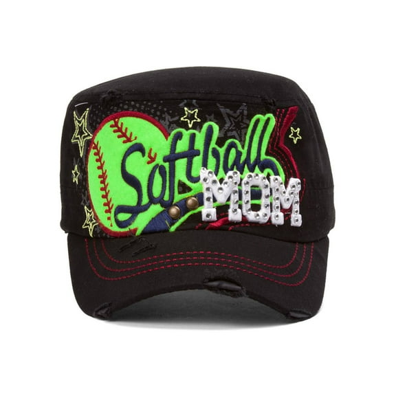 Top Headwear Softball Mom Distressed Adjustable Cadet Cap - Black