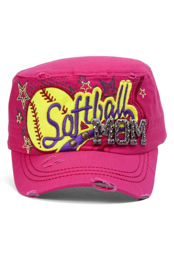 Top Headwear Softball Mom Distressed Adjustable Cadet Cap - Hot Pink