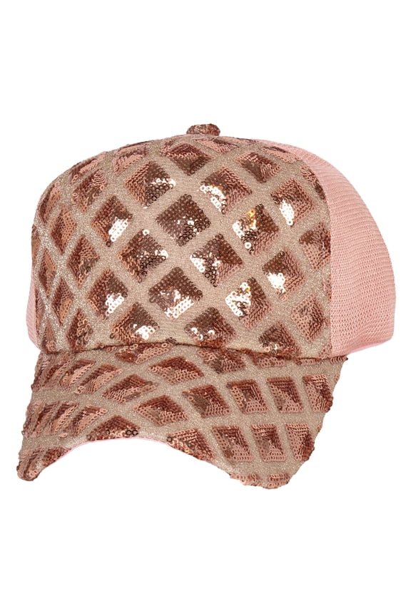 Top Headwear Sparkly Sequin Mesh Back Adjustable Baseball Cap - Rose Gold