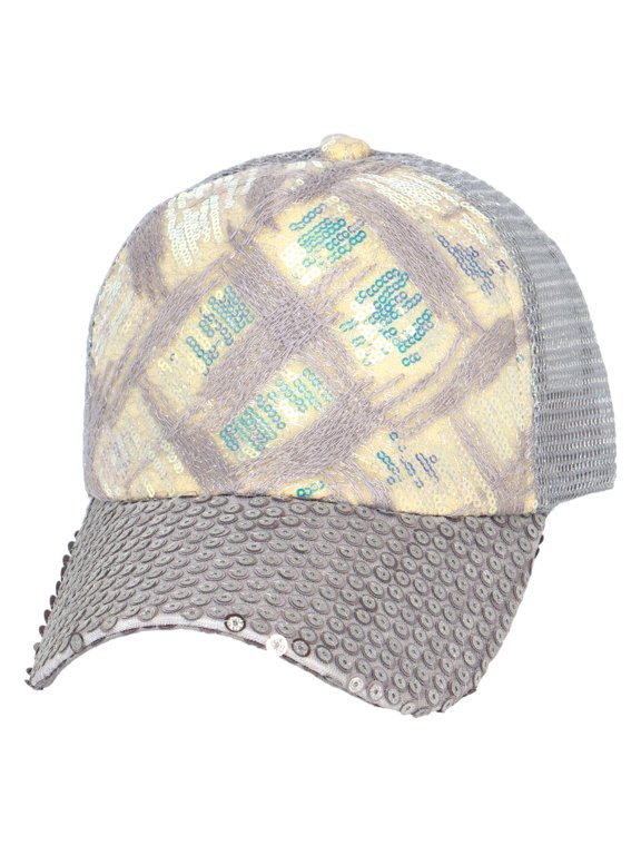 Top Headwear Sparkly Sequin Mesh Back Adjustable Baseball Cap - Silver