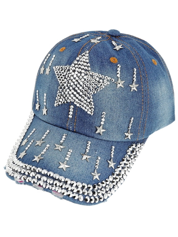 Top Headwear Star Gemstone Distressed Denim Fashion Baseball Cap