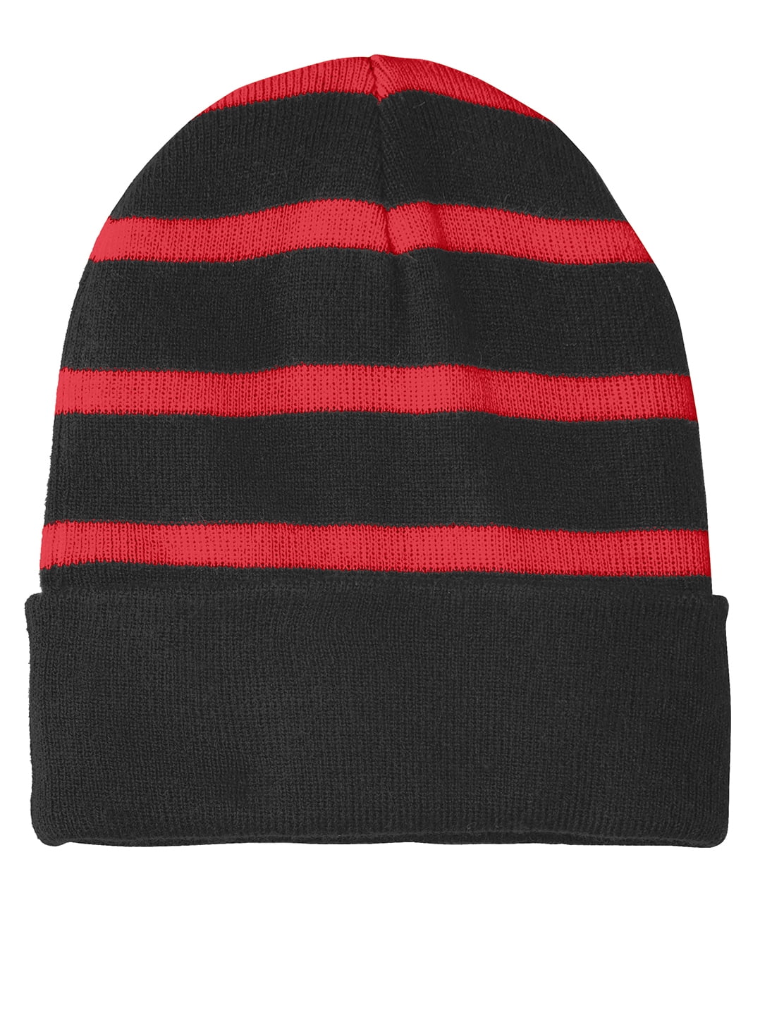 Top Headwear Striped Beanie w/ Solid Band Black/Red