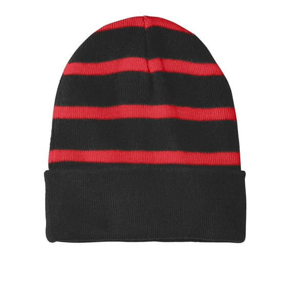 Top Headwear Striped Beanie w/ Solid Band - Black/Red