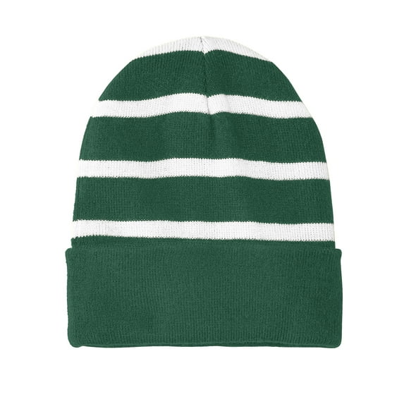 Top Headwear Striped Beanie w/ Solid Band - Forest Green/White