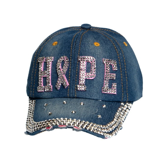 Top Headwear Studded Hope Pink Ribbon Distressed Baseball Cap - Denim