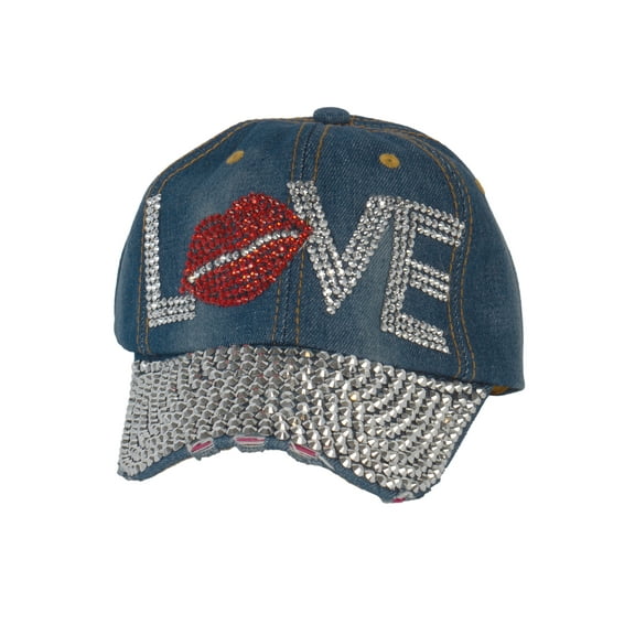 Top Headwear Studded Love Red Lips Distressed Baseball Cap, Dark Denim