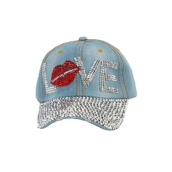 Top Headwear Studded Love Red Lips Distressed Baseball Cap,  Light Denim