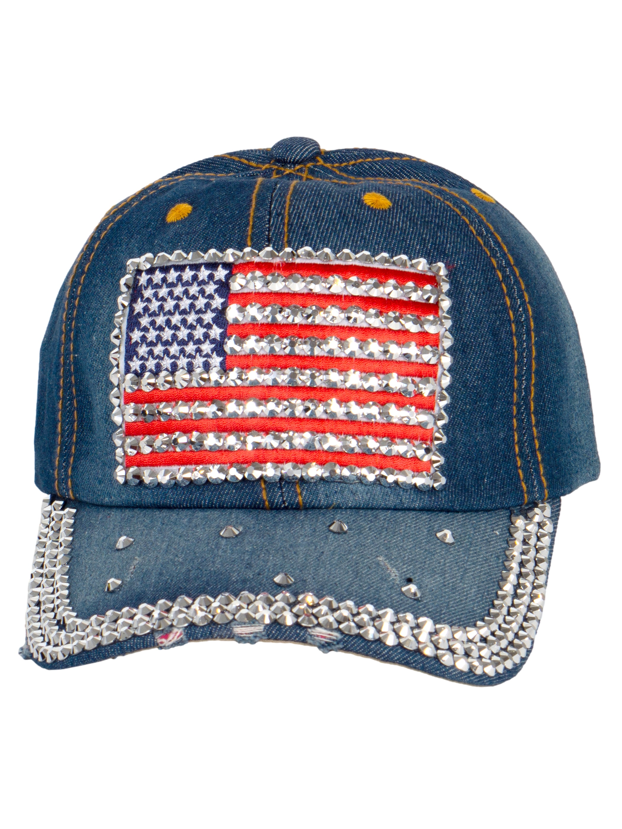 Denim Blue Rhinestone American Flag Baseball Cap American Flag Rhinestone Distressed Baseball Hat – SBS T Shop main image 3
