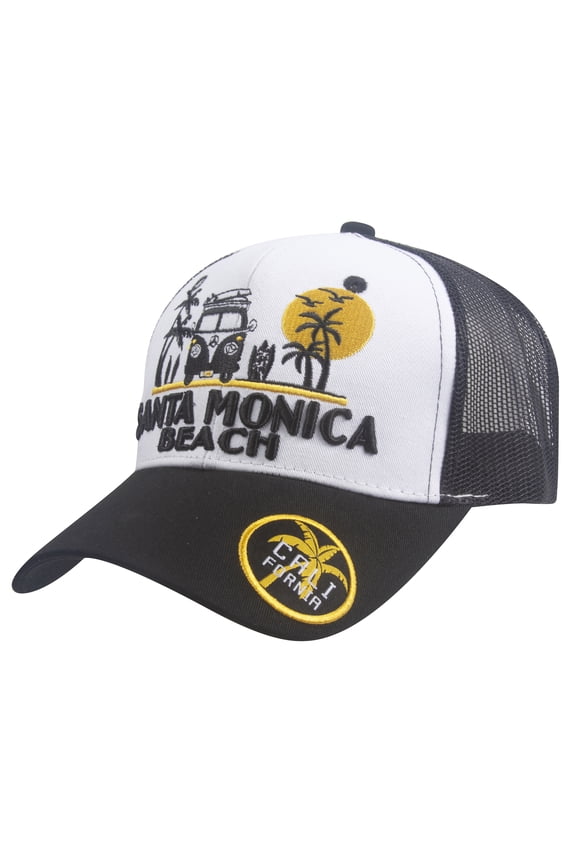 Top Headwear Summer Van Adjustable Trucker Hat - Santa Monica Beach - Black/White