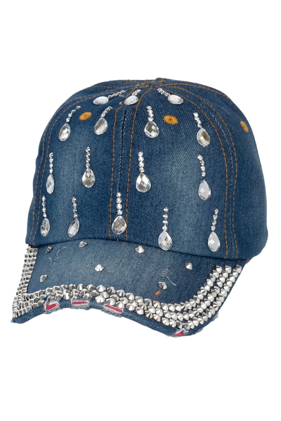 Top Headwear Teardrop Gemstone Distressed Denim Baseball Cap