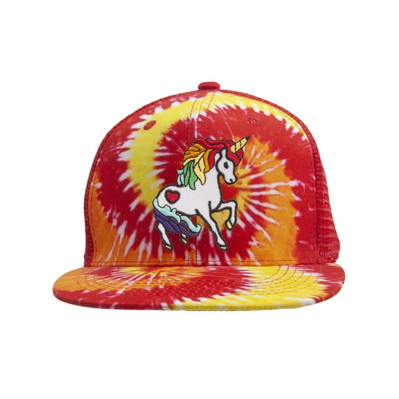 Top Headwear Tie-Dye Rainbow Unicorn Adjustable Trucker Hat - Red/Yellow